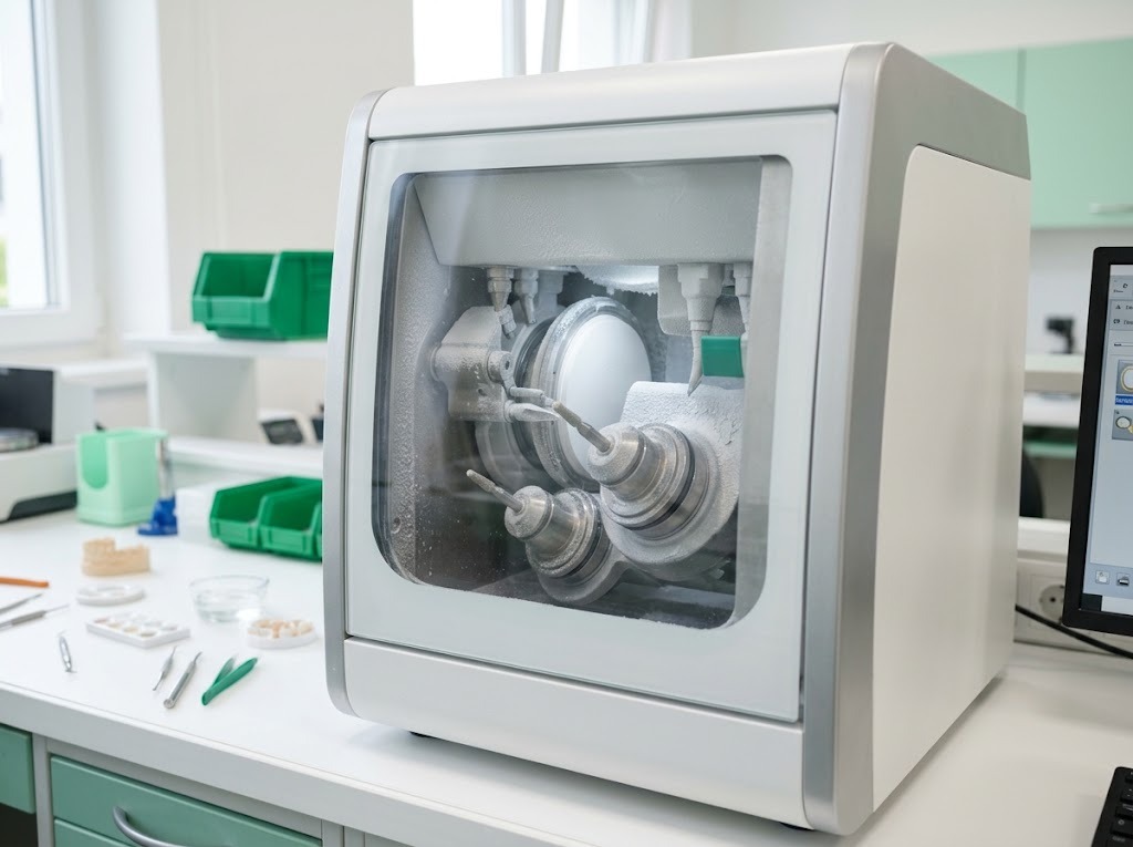 Five-axis milling machine with a zirconia disc clamped inside