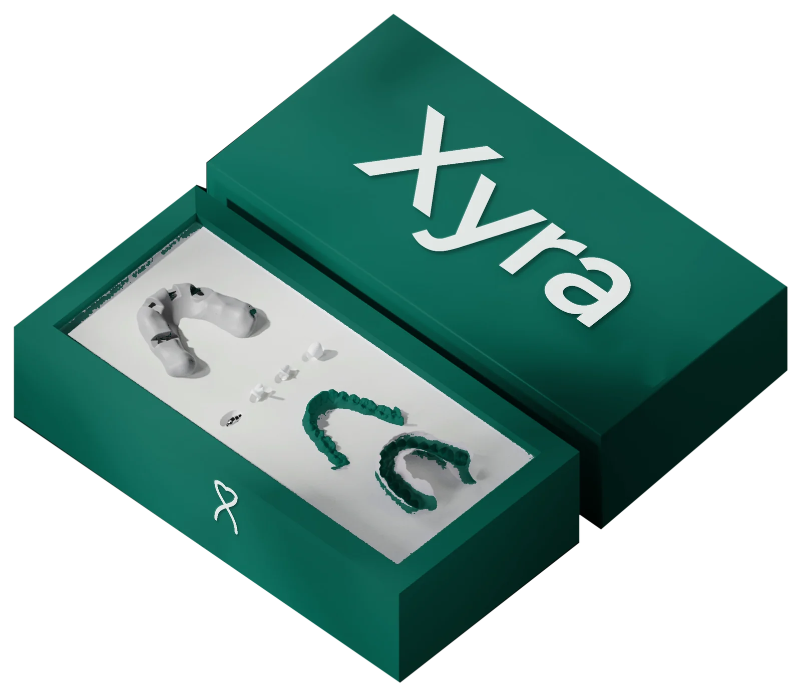 Open Xyra case holding printed models, crowns, an implant and aligners