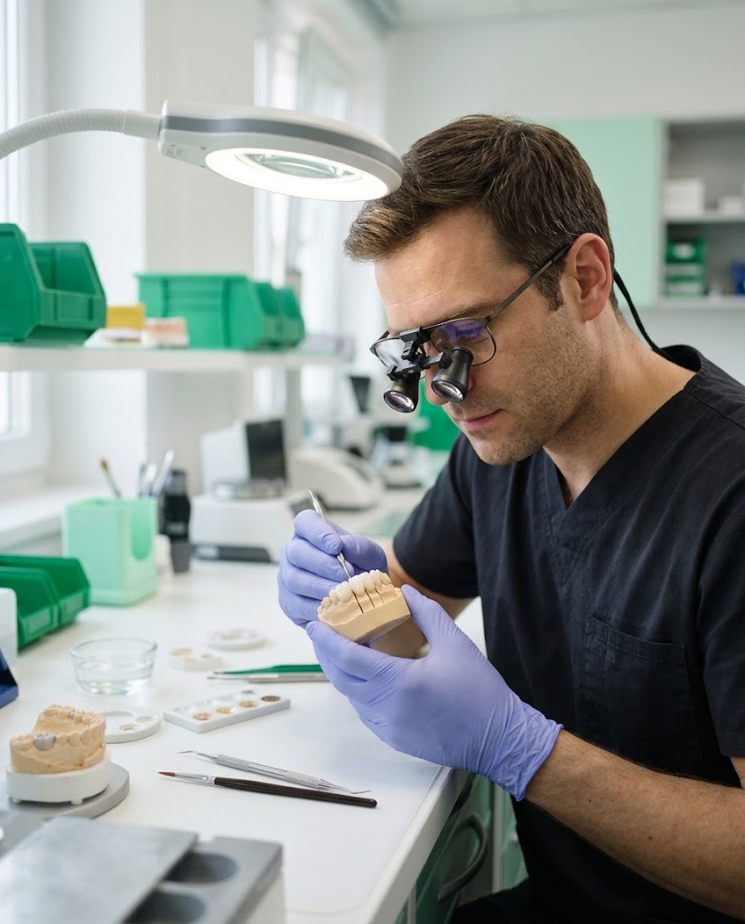 Technician inspecting a crown under magnifying loupes